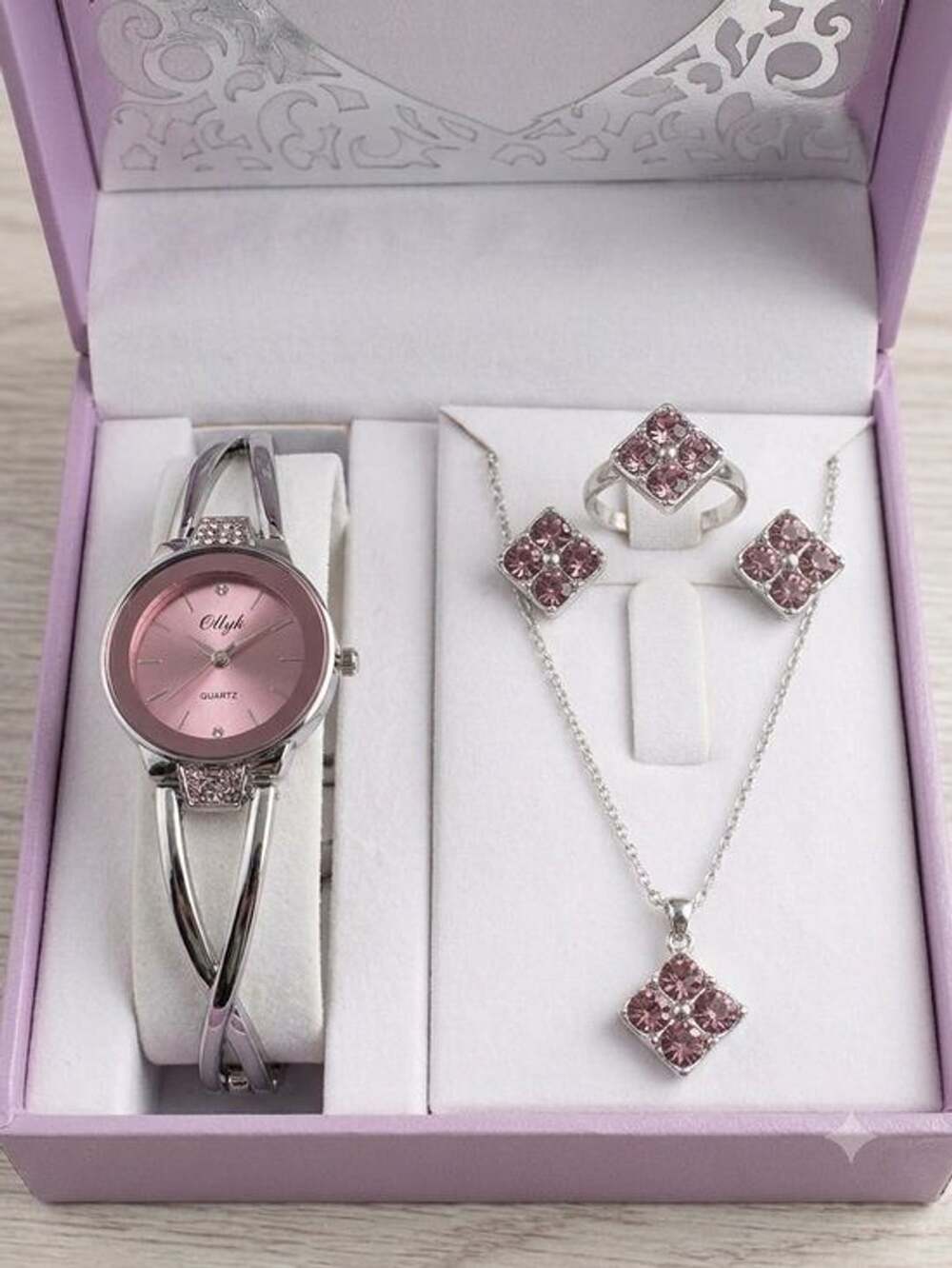 ONKY Silver Bangle Watch & Purple Crystal Jewelry Set - Women's Accessories. NIB